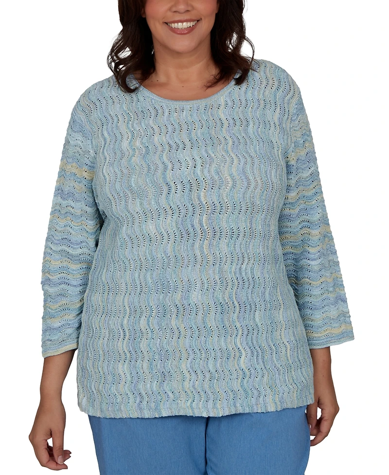 Alfred Dunner Plus Provence Scalloped Stripes Textured Sweater