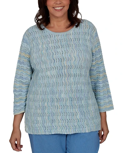 Alfred Dunner Plus Provence Scalloped Stripes Textured Sweater