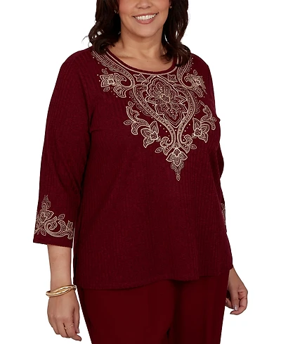 Alfred Dunner Plus Union Square Scroll Embroidered Ribbed Knit Top