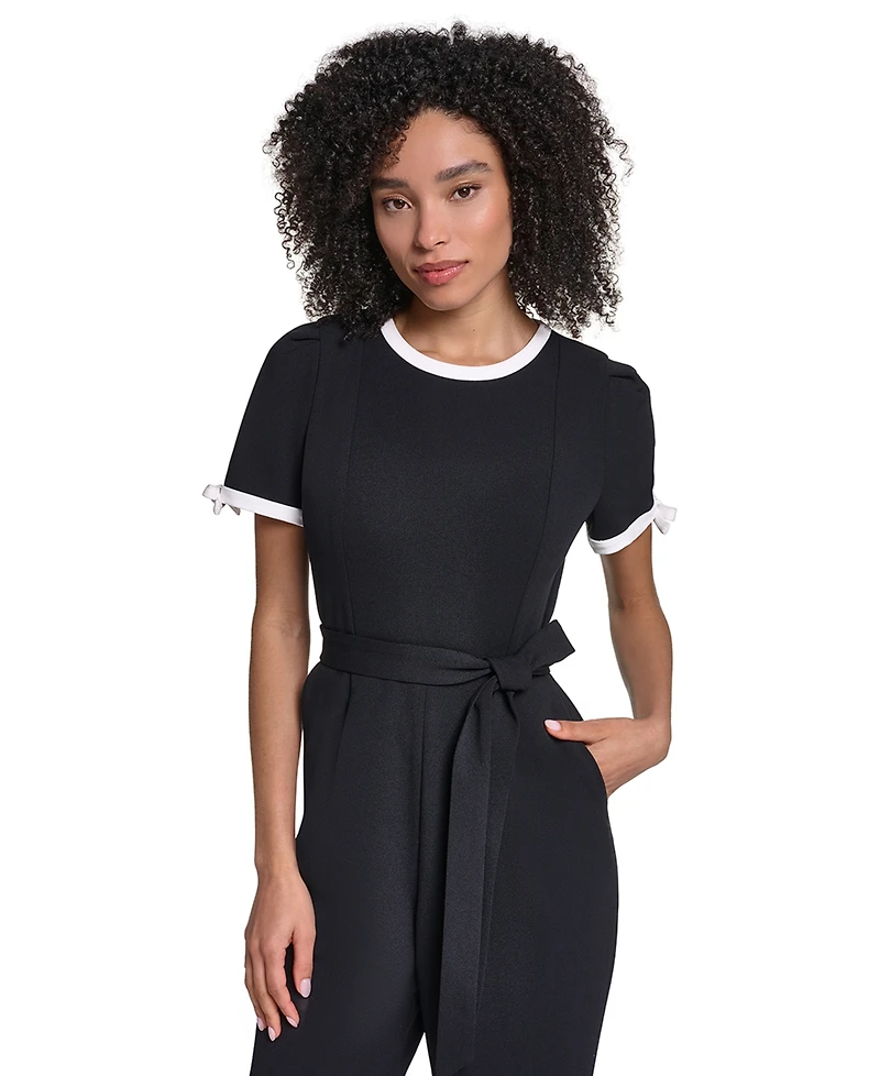 Karl Lagerfeld Paris Women's Scuba Crepe Jumpsuit Self Tie And Contrast Collar Sleeve Trim