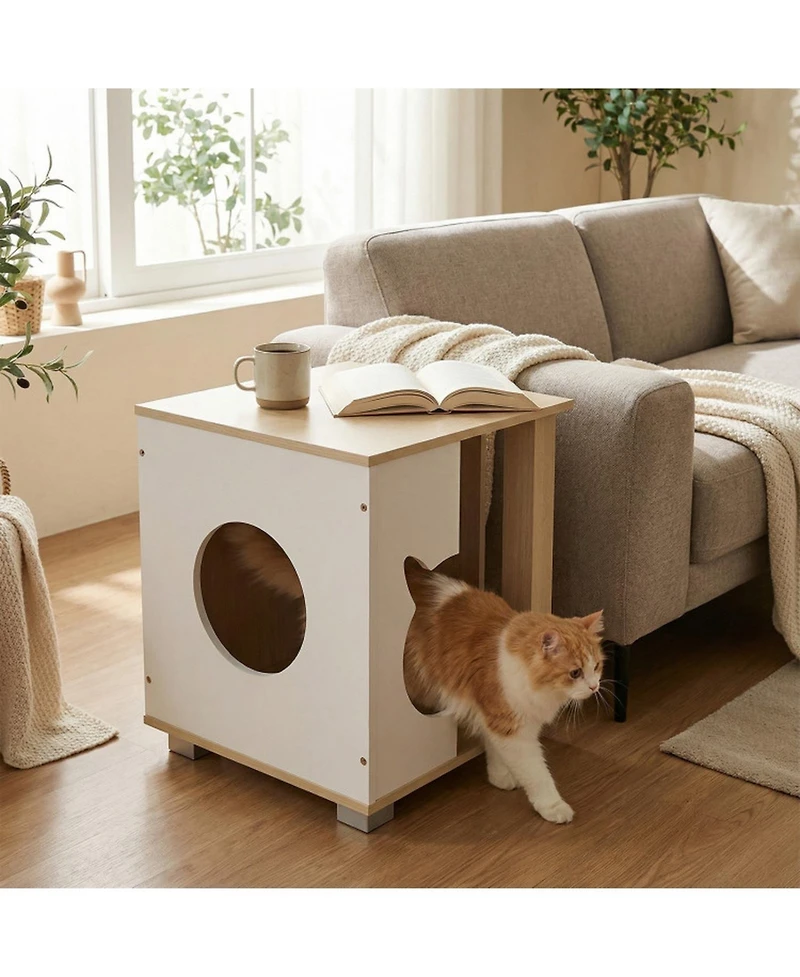 Hongge Semi-Enclosed Wooden Cat Condo with Head-Shaped Entry and Metal Legs