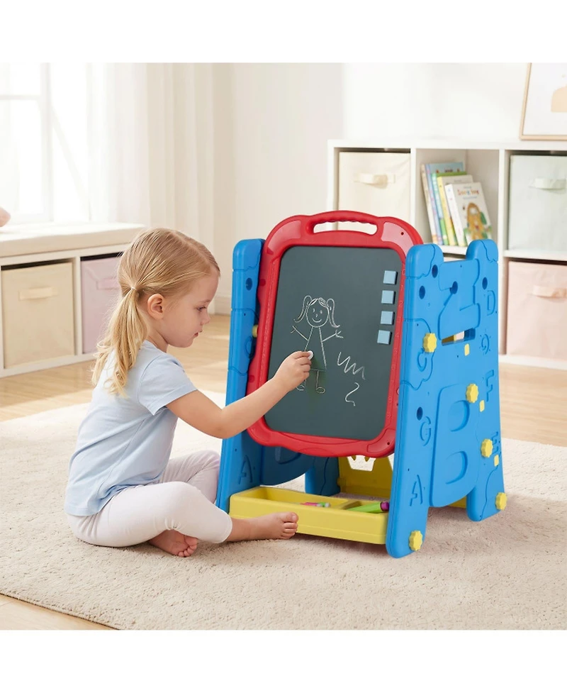 Hongge 4-in-1 Kids Art Easel with Magnetic Whiteboard Chalkboard and Bookshelf