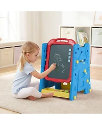 Hongge 4-in-1 Kids Art Easel with Magnetic Whiteboard Chalkboard and Bookshelf