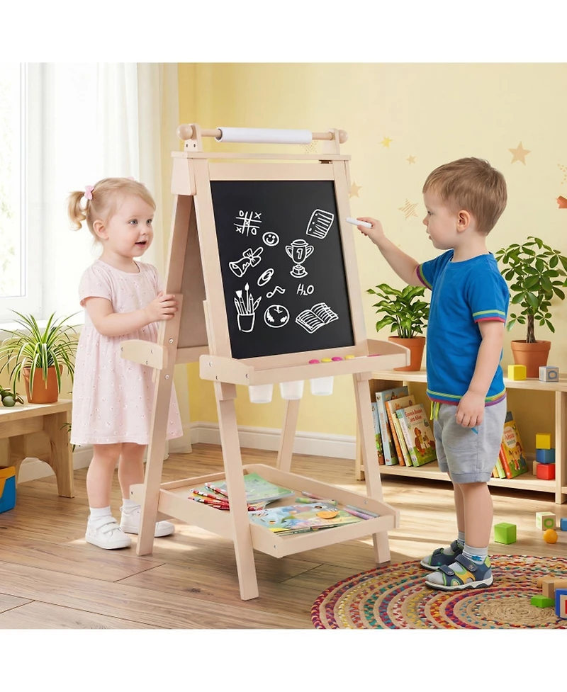 Hongge 3-in-1 Double-Sided Kids Art Easel with Chalkboard Magnetic Whiteboard and Paper Roll