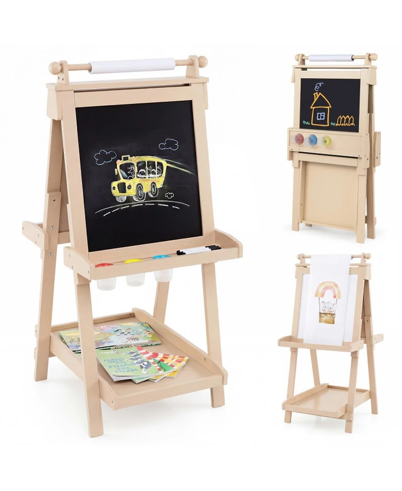 Hongge 3-in-1 Double-Sided Kids Art Easel with Chalkboard Magnetic Whiteboard and Paper Roll