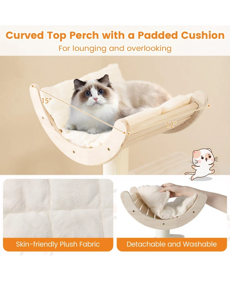 Hongge 55 Inch Wooden Cat Tree with Arched Perch Condo Cozy Basket and Hammock