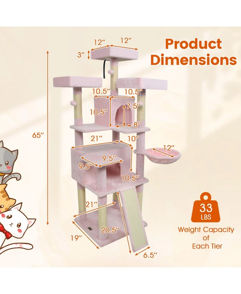 Hongge 65 Inch Cat Tree with 3 Upholstered Perches 2 Condos and Sisal Scratching Posts