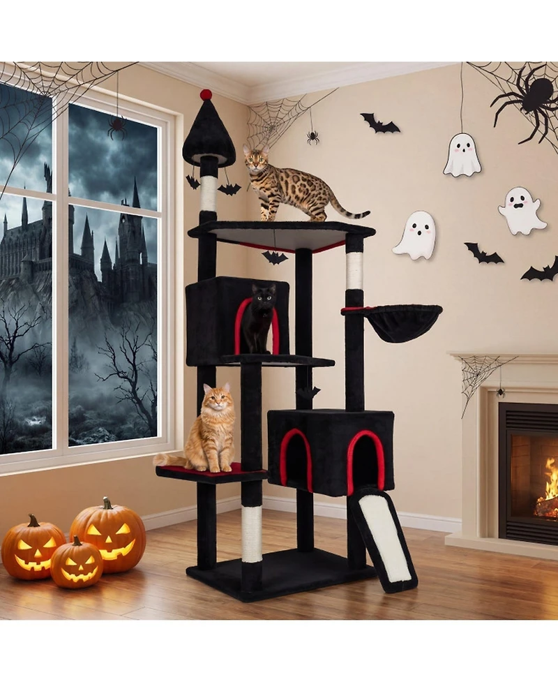 Hongge 75 Inch Gothic Cat Tree 6-Tier Cat Tower with 2 Condos and Top Perch for Large Cats