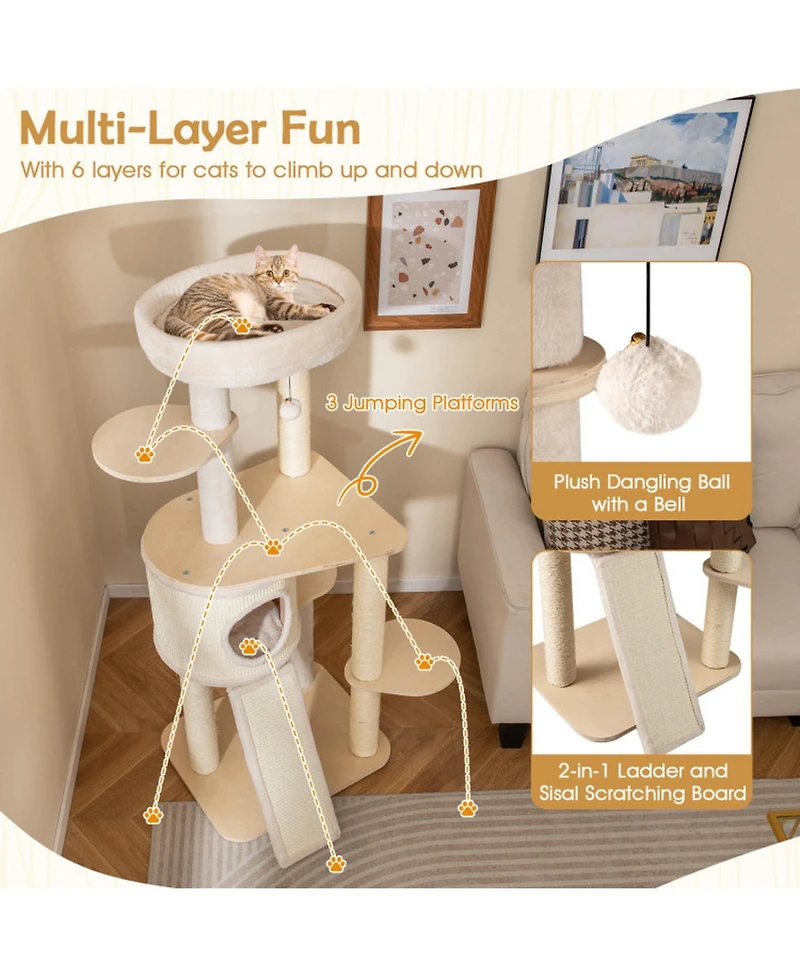 Hongge 56 Inch Cat Tree with Padded Condo Cushioned Perch and Sisal Scratching Posts