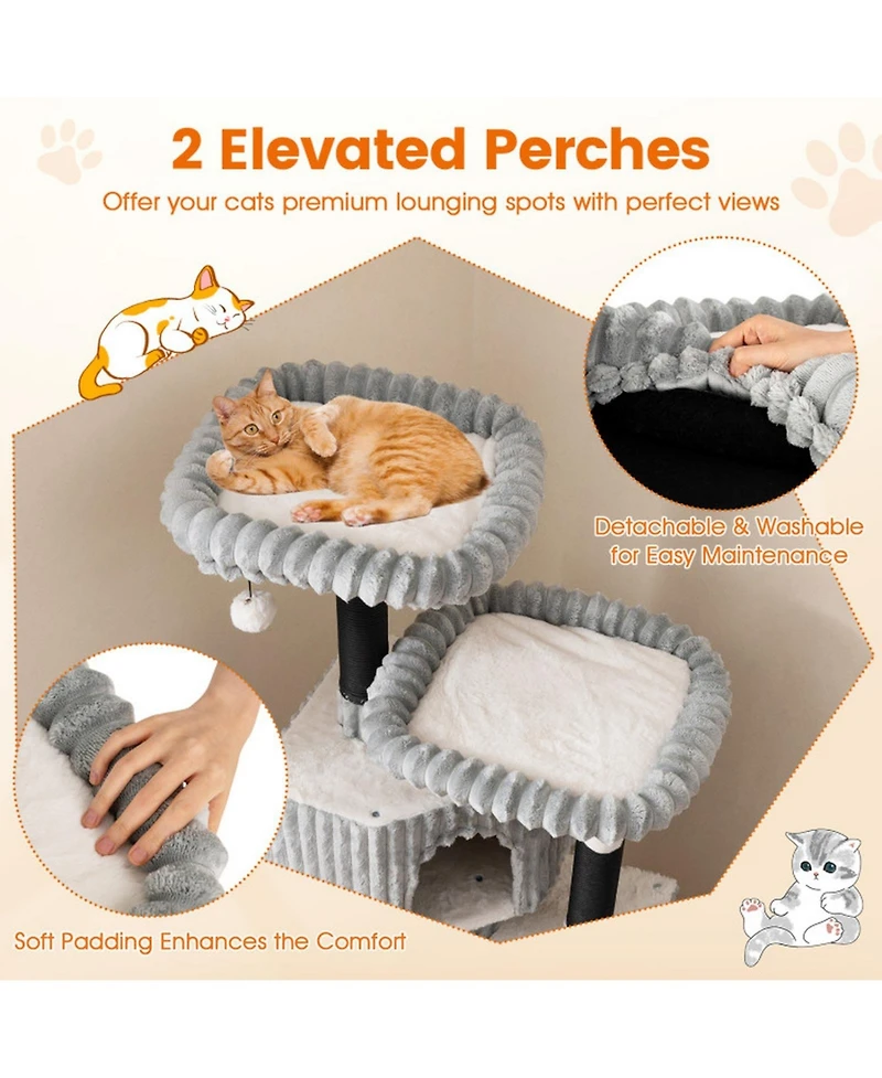 Hongge 62 Inch Cat Tower with Dual Condos Washable Perch Beds and Soft Flannel Covering