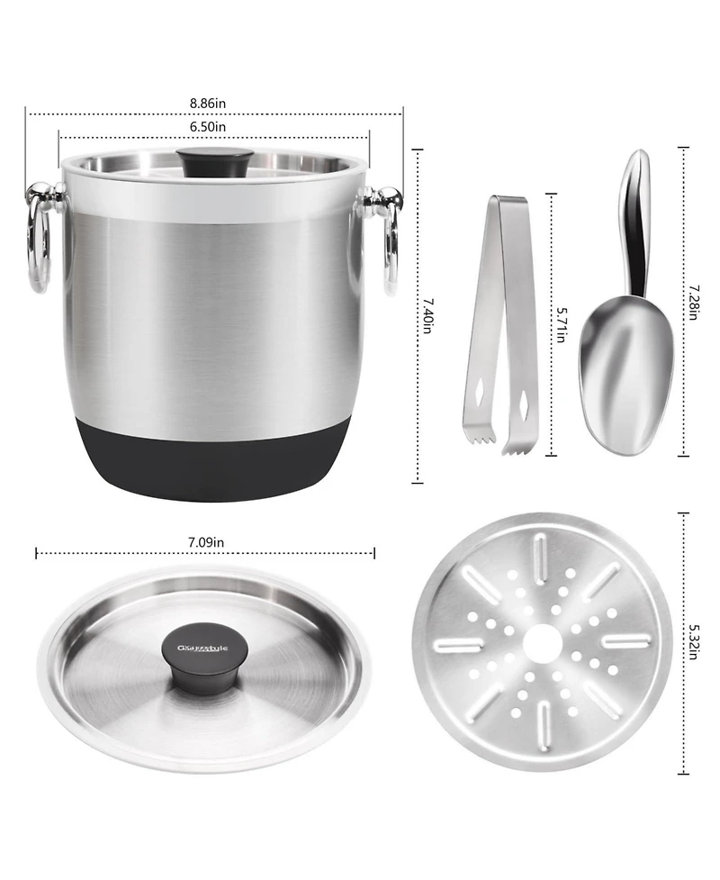 Piscifun Double Wall Insulated Stainless Steel Ice Bucket with Lid Tong and Strainer Keeps Ice Frozen Longer for Parties