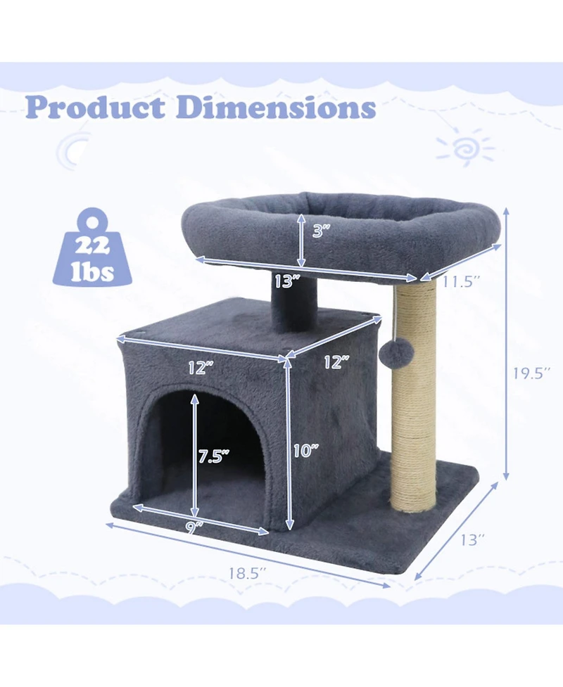 Hongge Small Cat Tree with Padded Top Perch Bottom Condo and Sisal Scratching Posts