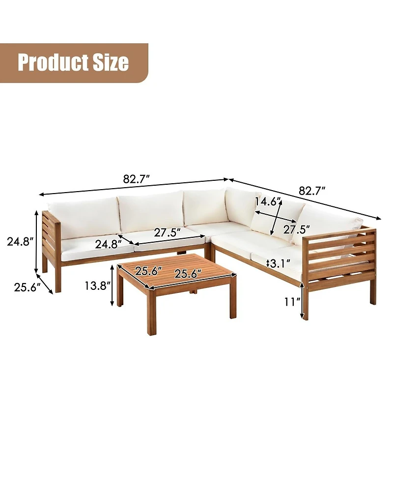 Asagikoiai 6-Piece Wood Outdoor Sectional Sofa Set, L-Shape Patio Conversation Set with Coffee Table