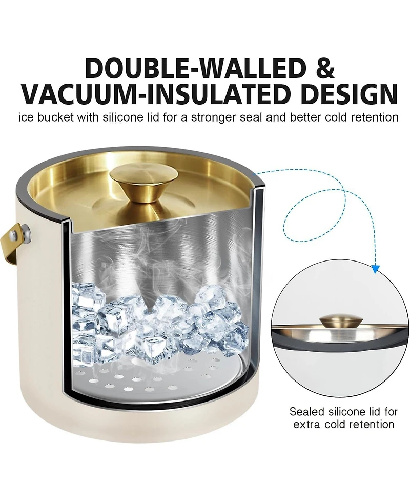 Piscifun Double Wall Stainless Steel Insulated Ice Bucket with Silicone Lid Strainer and Scoop for Parties Cocktail Bars