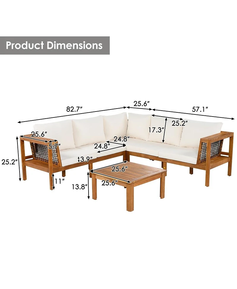 Asagikoiai 4-Piece Outdoor Acacia Wood Conversation Set L-Shaped Patio Sectional with Cushions
