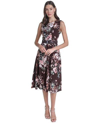 Calvin Klein Women's Printed Crew Neck Self-Belt Midi Dress