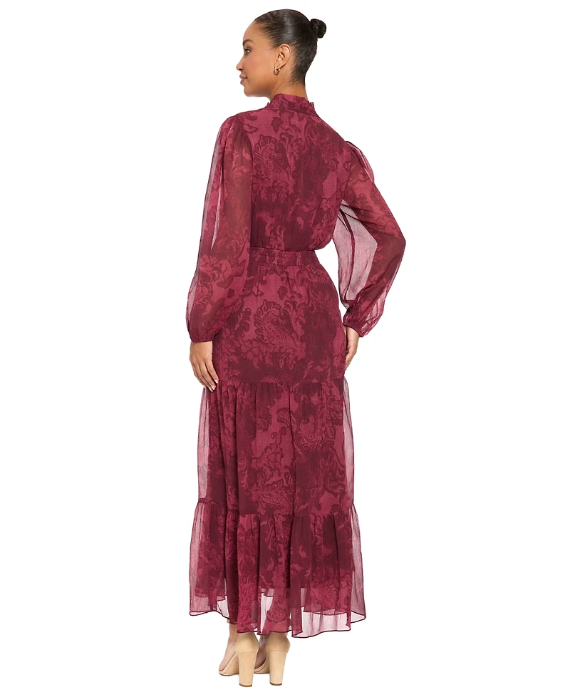 London Times Petite Floral-Tiered Long-Sleeve Dress
