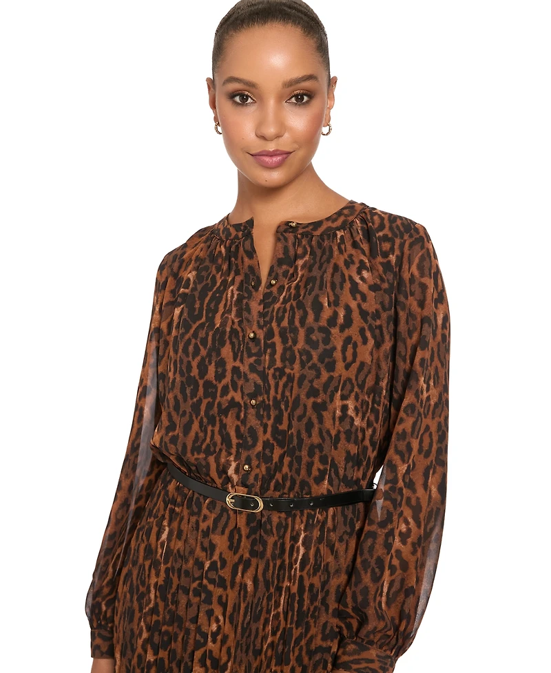London Times Petite Belted Pleated Skirt Chi Leopard-Print Long-Sleeve Dress