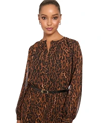 London Times Petite Belted Pleated Skirt Chi Leopard-Print Long-Sleeve Dress