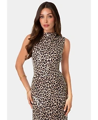 Bebe Women's Sequin Leopard-Print Mock-Neck Dress