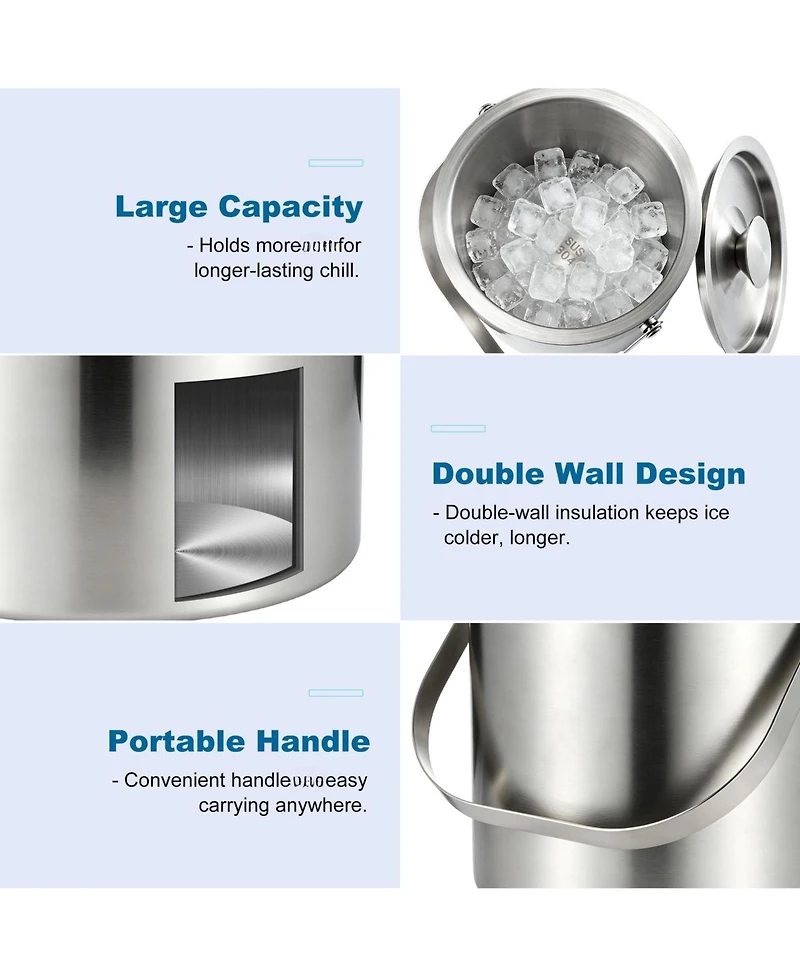Piscifun Double Wall Stainless Steel Ice Bucket Set With Lid Scoop Tongs Bottle Opener