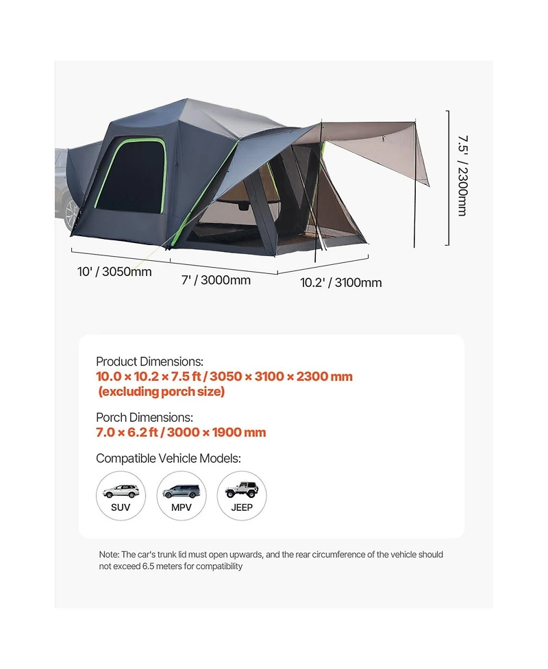 Sevorley Suv Camping Tent for 5-8 Person, 10x10 ft Waterproof PU2000mm Tent with Shade Awning