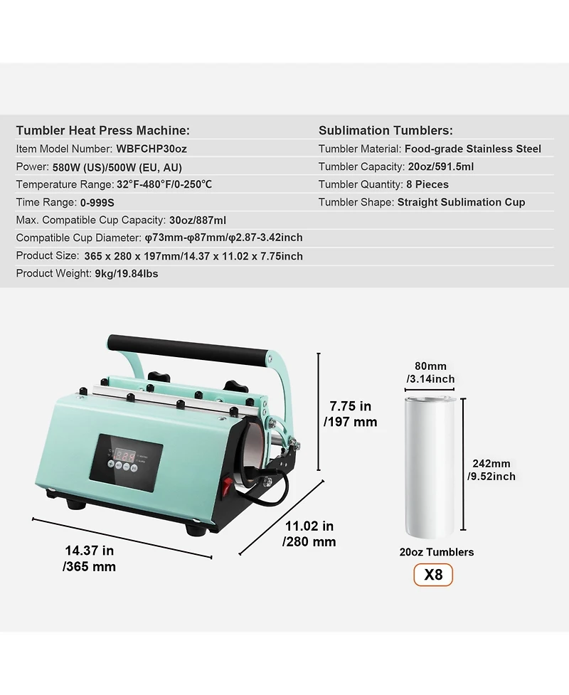 Sevorley Tumbler Heat Press Machine Set with 8 Blank 20 oz Tumblers