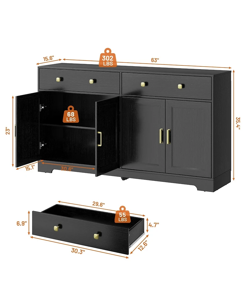 Gaomon 63 Inch Farmhouse Sideboard Buffet Cabinet Wood Storage Credenza with 2 Drawers and Adjustable Shelves Anti-Tip Coffee Bar for Kitchen Entryway