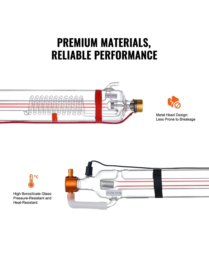 Sevorley 90W CO2 Laser Tube, Borosilicate Glass Cutter Tube with Metal Head