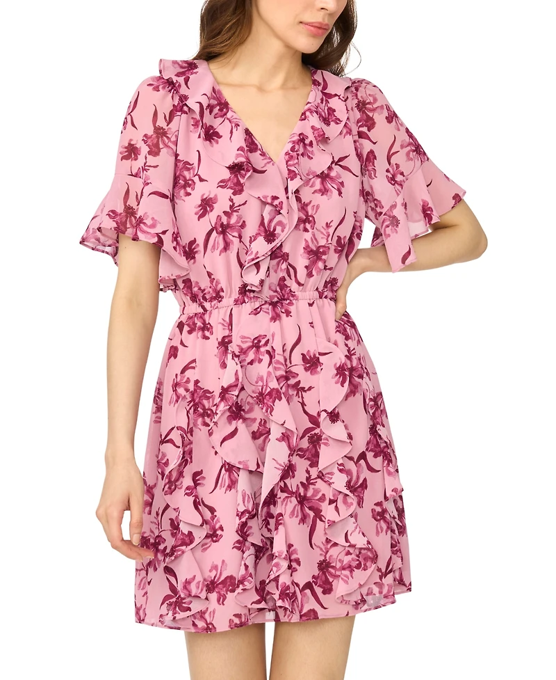 CeCe Women's Waterfall Ruffle Short-Sleeve Mini Floral V-Neck Dress