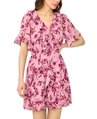 CeCe Women's Waterfall Ruffle Short-Sleeve Mini Floral V-Neck Dress