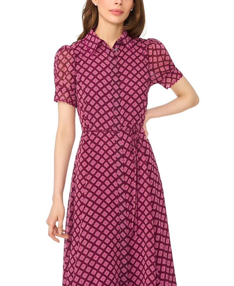 CeCe Women's Scalloped Geometric-Print Short-Sleeve Midi Dress