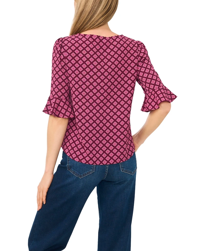 CeCe Women's Split Tie-Neck Ruffle-Cuff 3/4-Sleeve Top