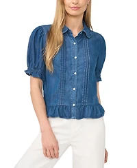 CeCe Women's Cropped Ruffle-Collar Pintuck Button-Front Top