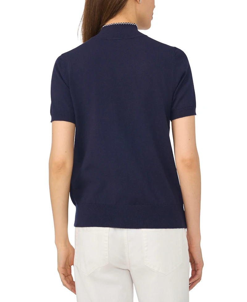 CeCe Women's Scarf Tie Mock Neck Short-Sleeve Viscose Sweater