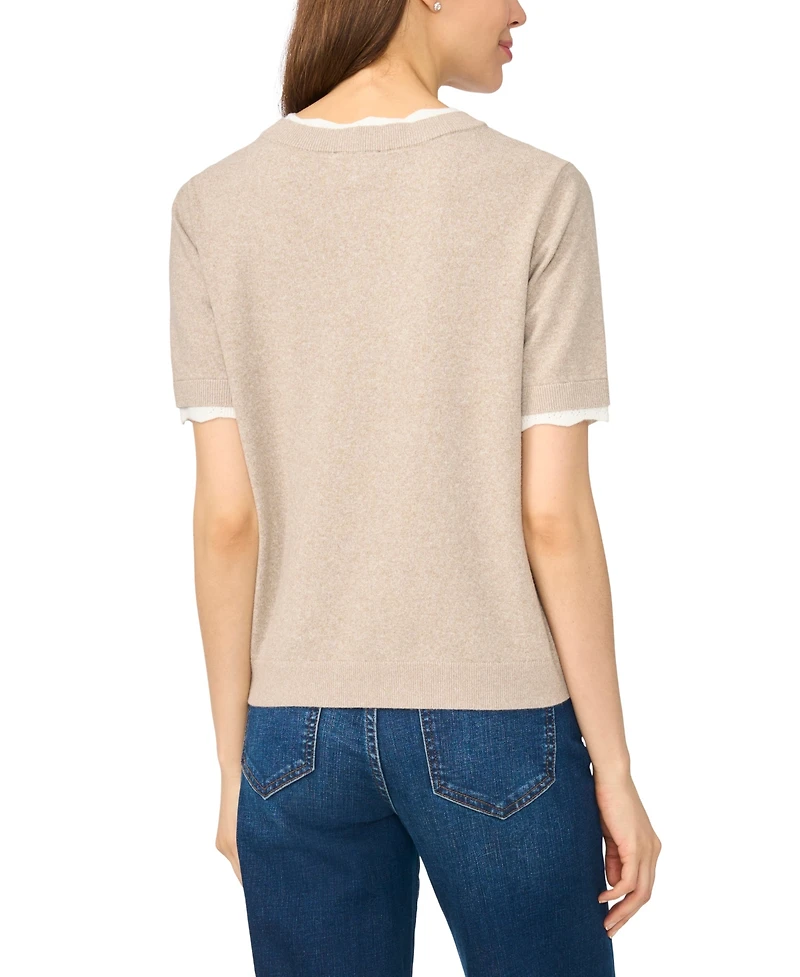 CeCe Women's Lace-Trim Crewneck Short-Sleeve Sweater