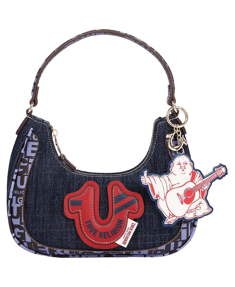 True Religion Graphic Trim Denim Hobo Bag with Buddha Charm