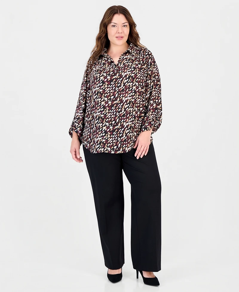 Anne Klein Essentials Plus V-Neck Long Roll-Tab Sleeves Blouse