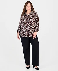 Anne Klein Essentials Plus V-Neck Long Roll-Tab Sleeves Blouse