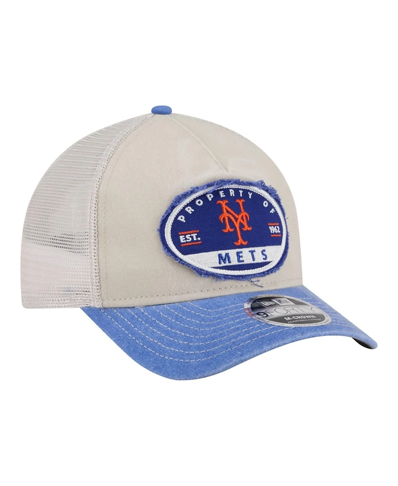 New Era Men's Light Beige/Royal New York Mets Frayed M-Crown A-Frame 9FORTY Trucker Adjustable Hat