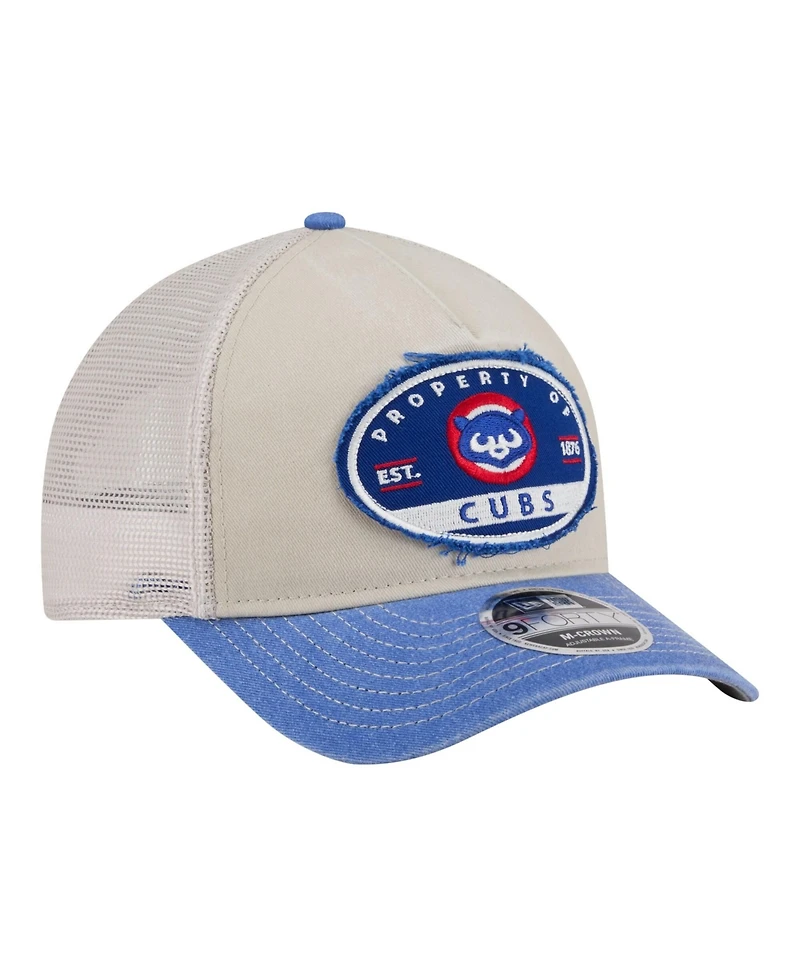 New Era Men's Light Beige/Royal Chicago Cubs Frayed M-Crown A-Frame 9FORTY Trucker Adjustable Hat