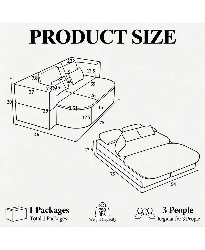 Sailvan 75" Convertible Sleeper Sofa, Corduroy Floor Couch to Full Bed with Blanket and 4 Pillows