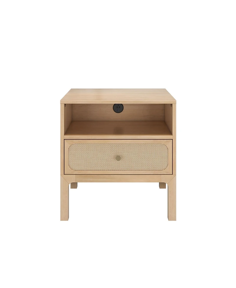 Max & Lily Elio/Rattan 1 Drawer with Cubby and Electrical Outlet Nightstand