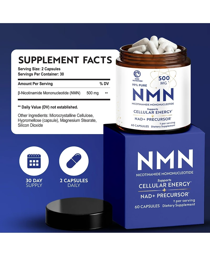Nobi Nutrition Nmn Supplement 500mg, Pure Nicotinamide Mononucleotide for Cellular Energy, Longevity, Repair, and Healthy Aging Support 60 Count