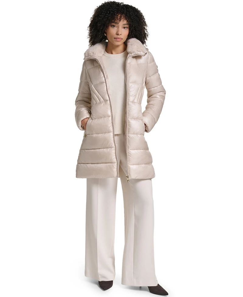 Karl Lagerfeld Paris Women's Belted Faux Fur Collar Hooded Puffer Coat
