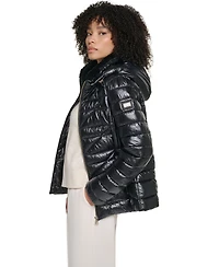 Karl Lagerfeld Paris Women's Short Hooded Faux Fur Collar Puffer Jacket