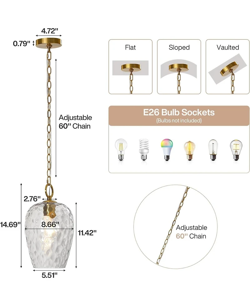 Tribesigns Hammered Glass Pendant Light with Adjustable 60-Inch Chain, Rippled Single Pendant Lighting, E26 Base Modern Hanging Light