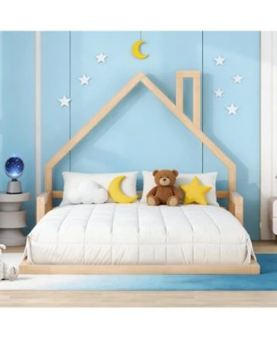 Sailvan Full Wood Floor Bed Frame with House-Shaped Headboard Chimney
