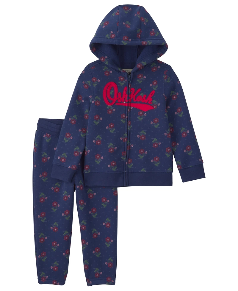 Osh Kosh Baby Girls' Long-Sleeve Oshkosh Logo Floral Fleece Hoodie and Pants, 2-Piece Set