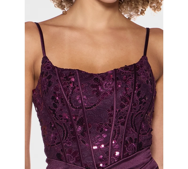 B Darlin Juniors' Scoop-Neck Satin-Knit Corset Bodice Dress